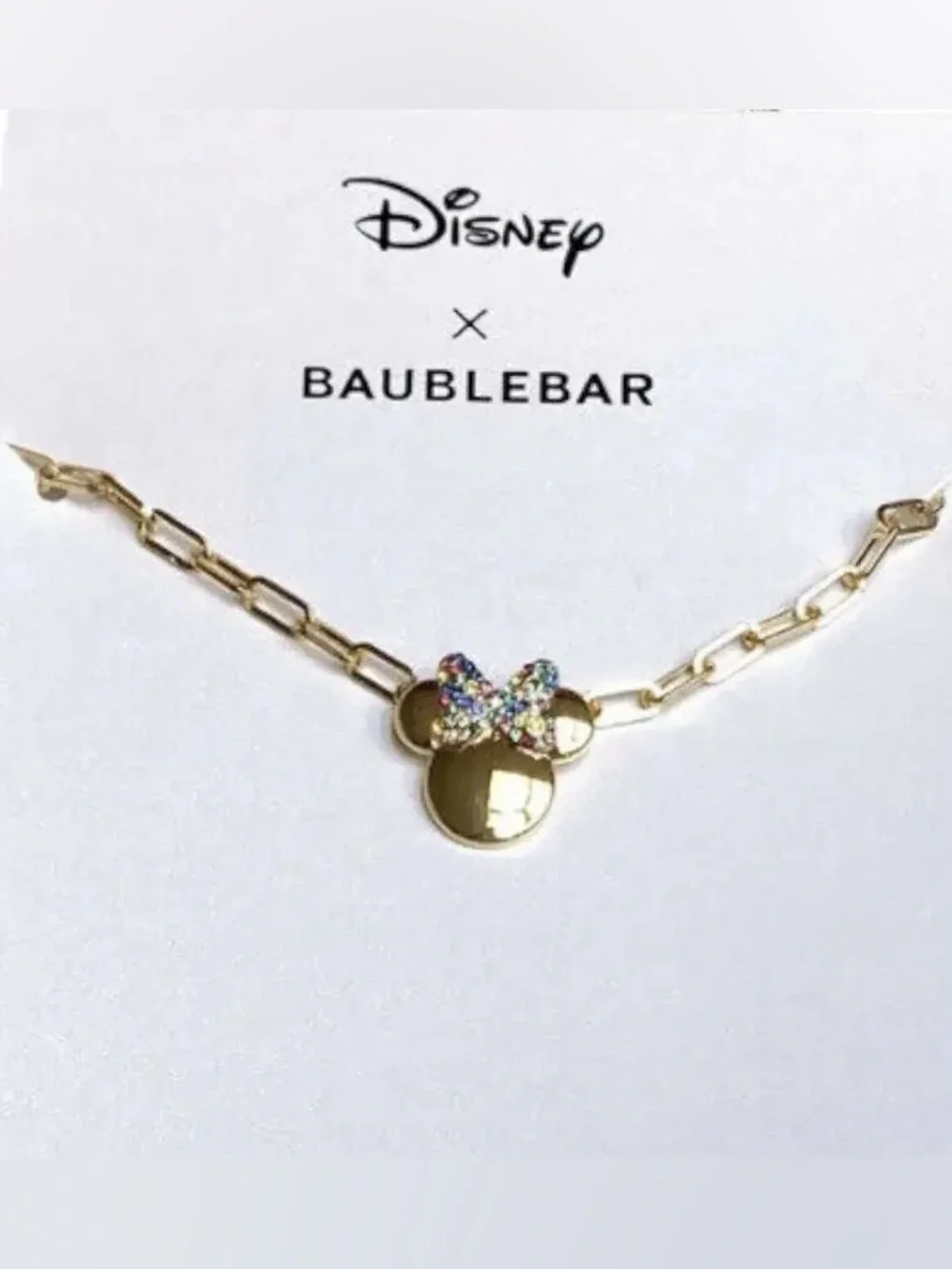 NWOT Disney x Baublebar Gold Minnie Mouse Kids Necklace with Multicolor Bow